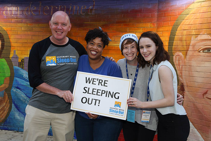 Covenant Home previous CEO Kevin Ryan with Broadway stars Rachel Brosnahan, Rachel Sussman, Angela Grovey at Sleep Out