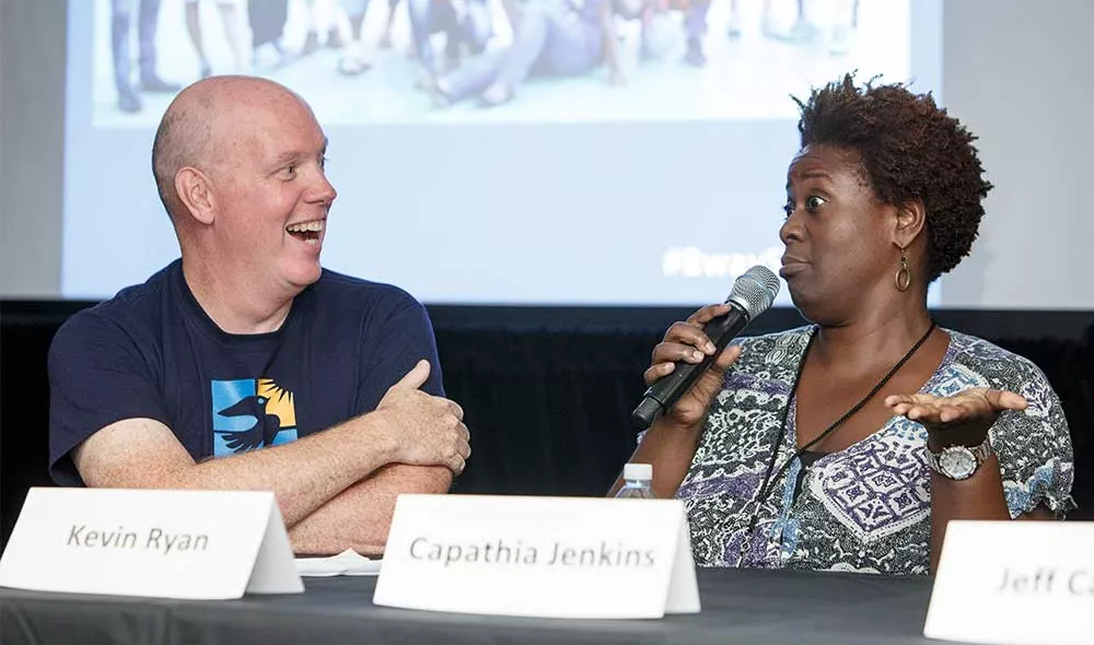 Covenant Home previous CEO Kevin Ryan with Capathia Jenkins at a panel